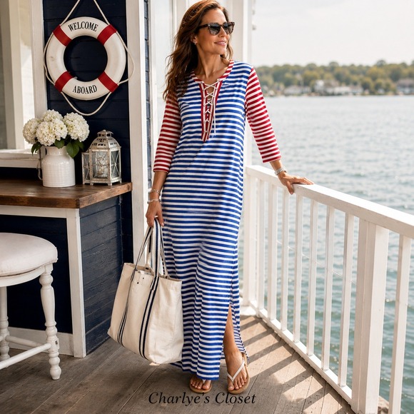 J.Crew Dresses & Skirts - J.Crew Sammie Striped Lace Up Maxi Dress M Nautical Beachy Americana Casual